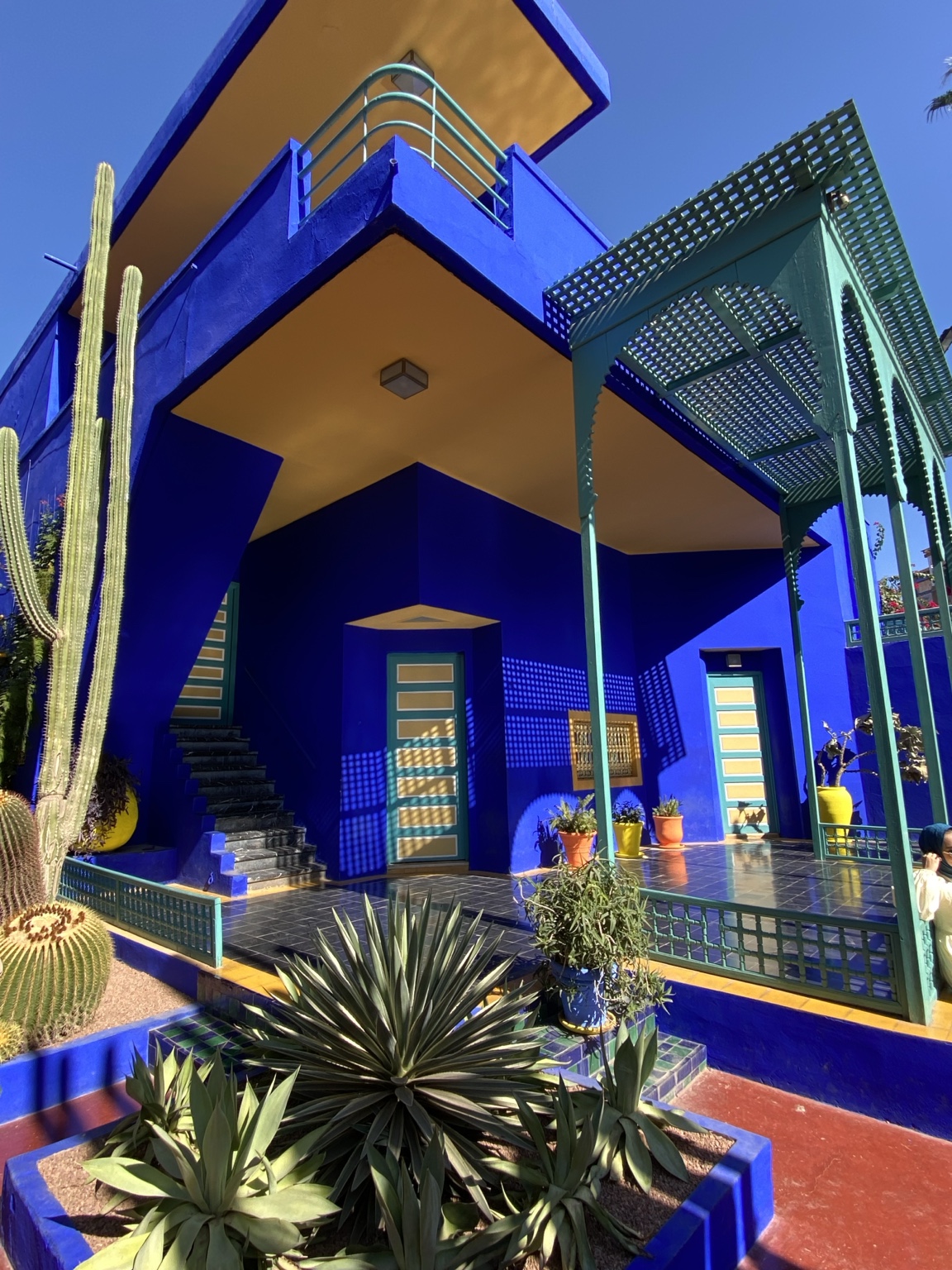 Arquitectura azul cobalto y cactus en un jardín de Marruecos
