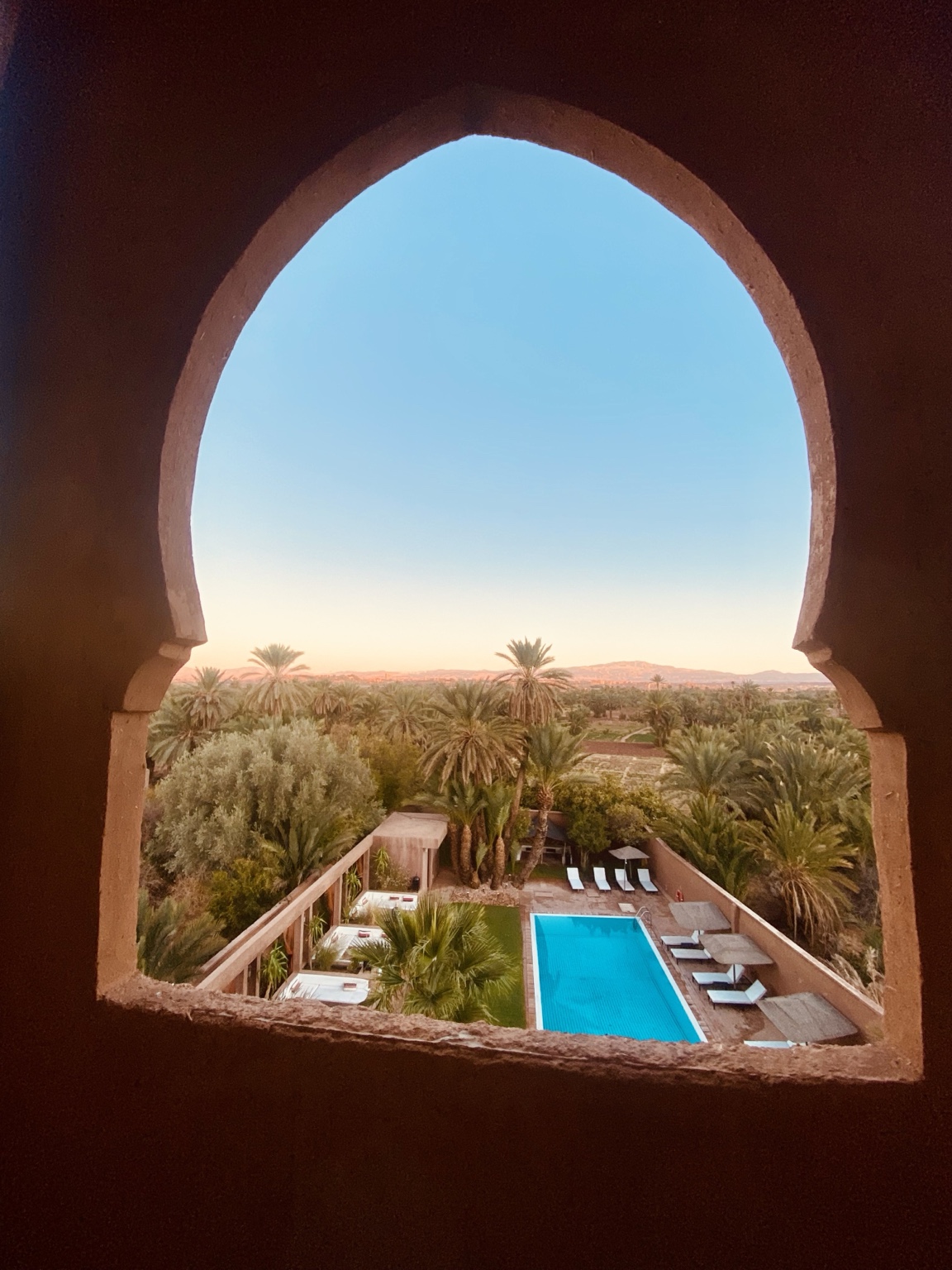 Vista de un jardín con alberca y palmeras en Marruecos
