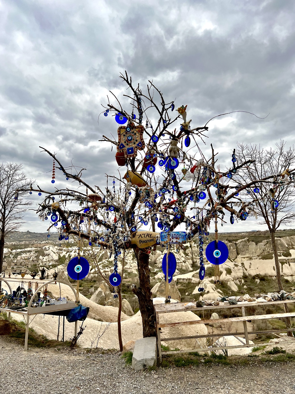Amuletos del ojo azul colgados de un árbol en Capadocia